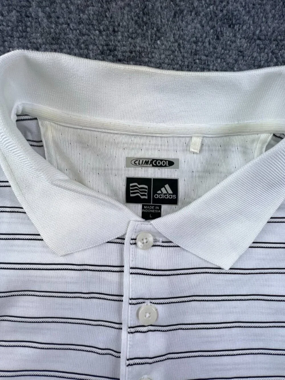 Adidas White Black Striped Large Short Sleeve Polo Shirt Men’s Climacool Adult